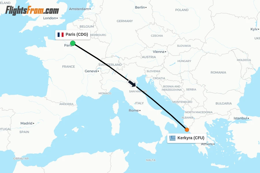 Flights from Paris to Kerkyra route map