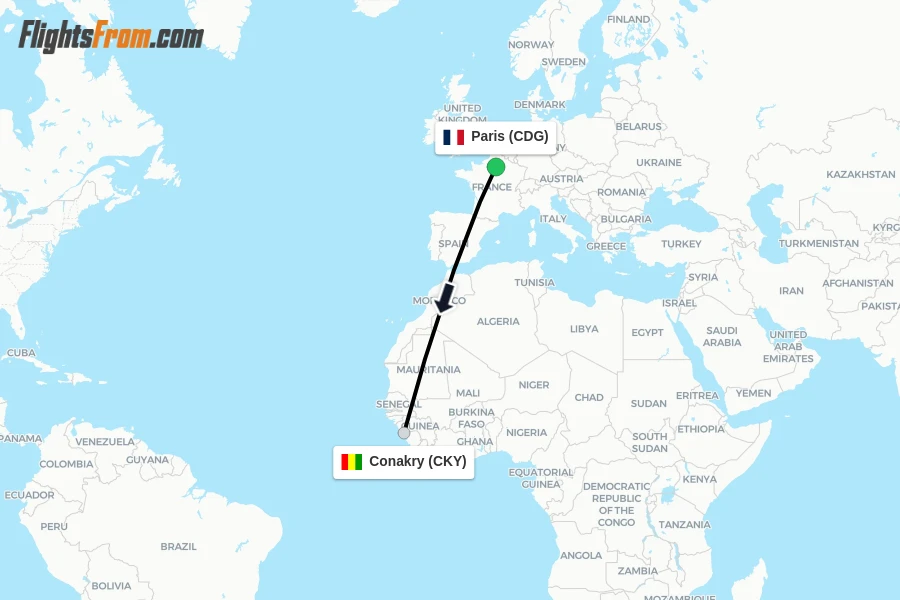 Flights from Paris to Conakry route map