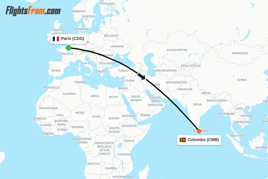 Flights from Paris to Colombo route map