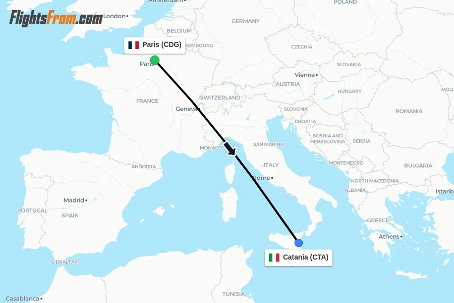 Flights from Paris to Catania route map