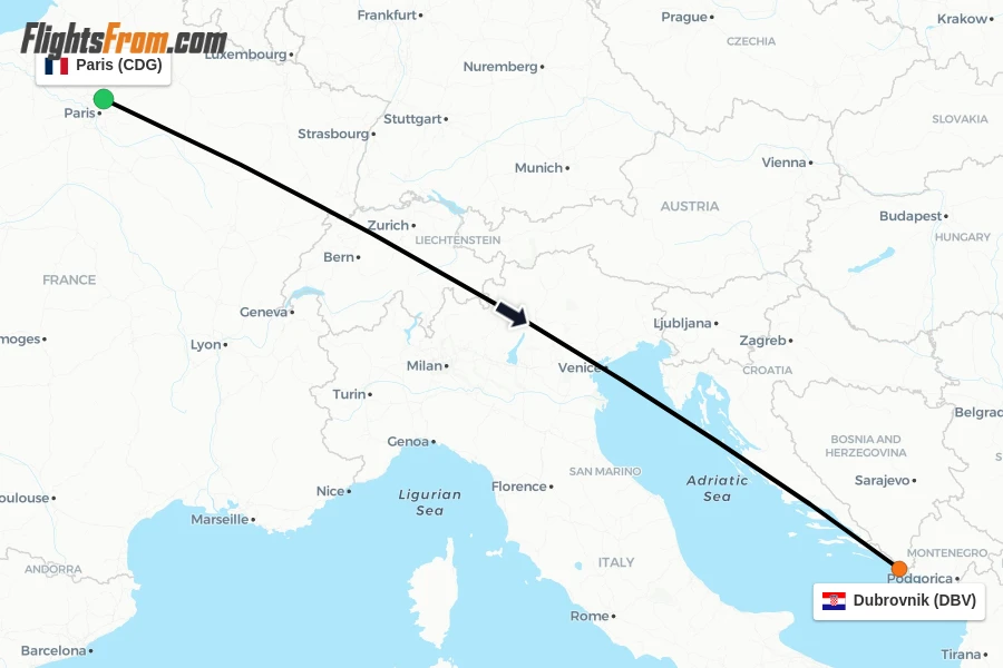 Flights from Paris to Dubrovnik route map