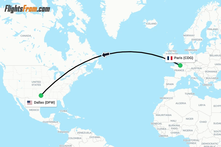 Flights from Paris to Dallas route map