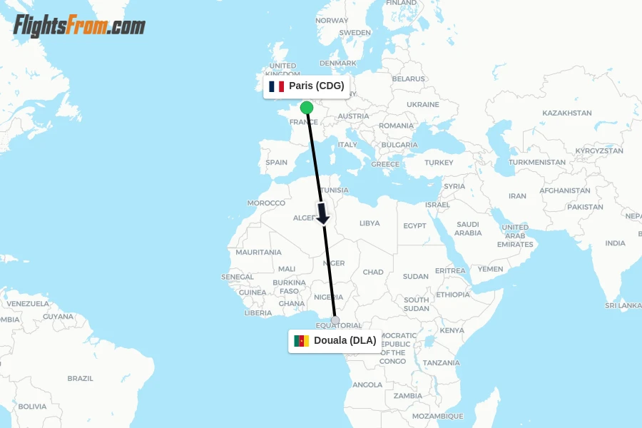 Flights from Paris to Douala route map