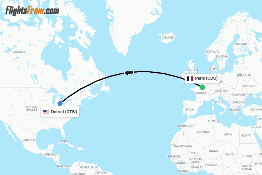 Flights from Paris to Detroit route map