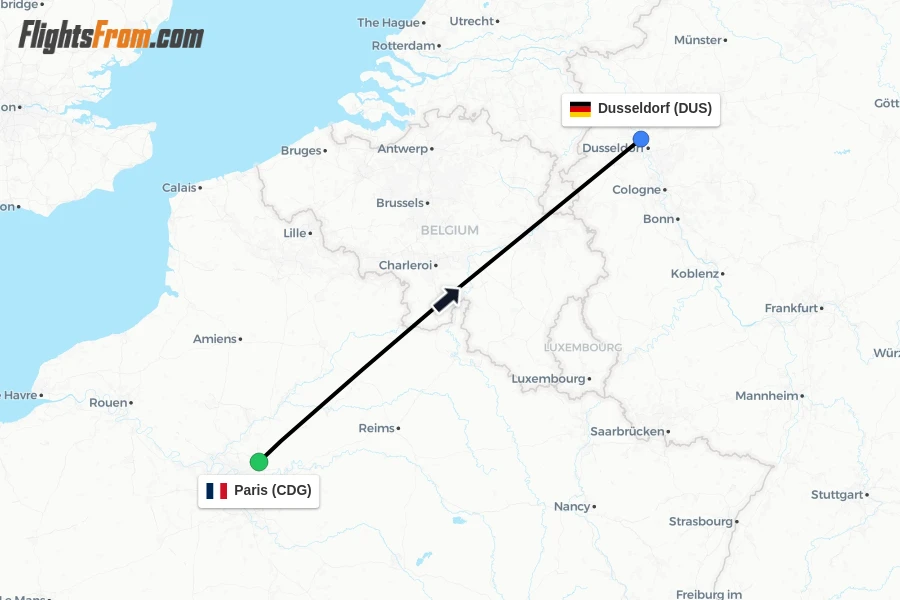 Flights from Paris to Dusseldorf route map