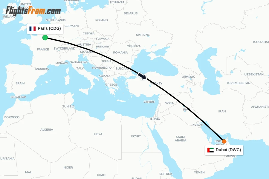 Flights from Paris to Dubai route map