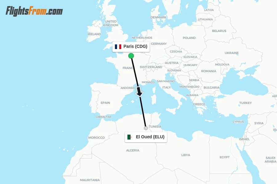 Flights from Paris to El Oued route map