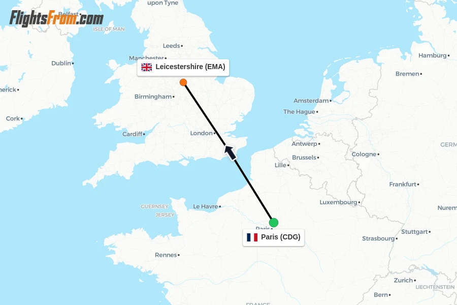 Flights from Paris to Leicestershire route map