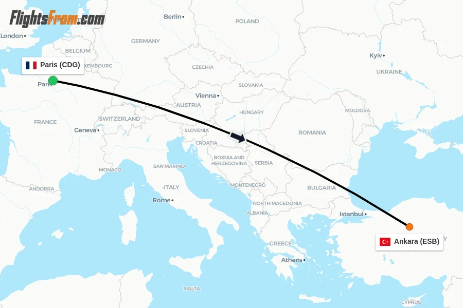 Flights from Paris to Ankara route map