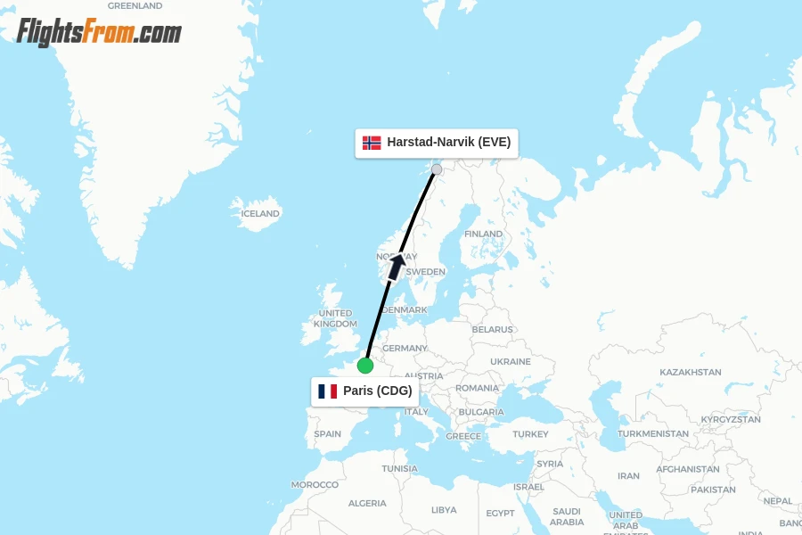 Flights from Paris to Harstad-Narvik route map