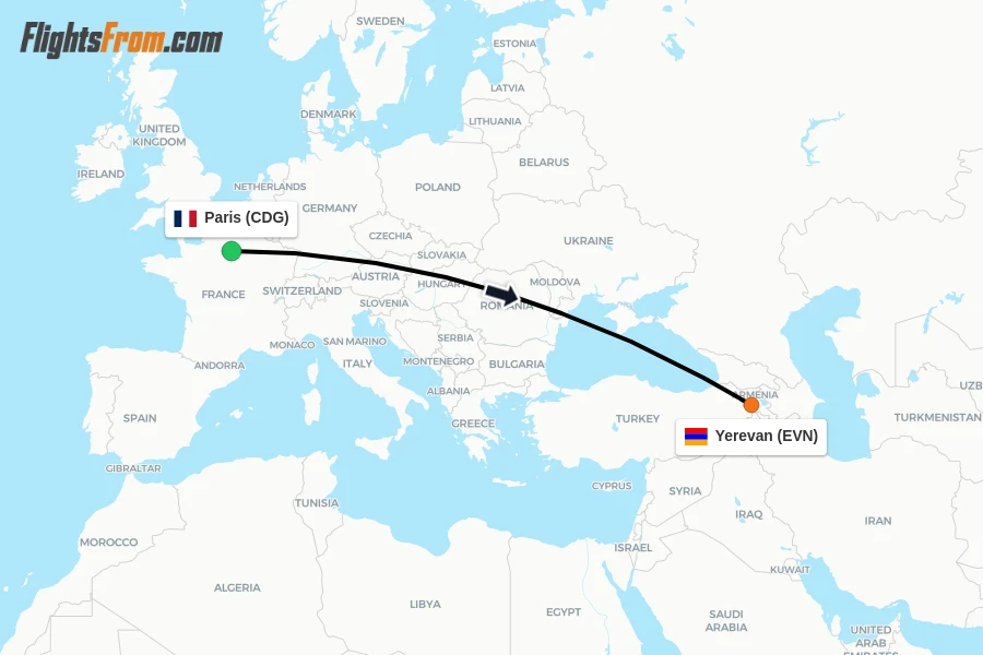 Flights from Paris to Yerevan route map