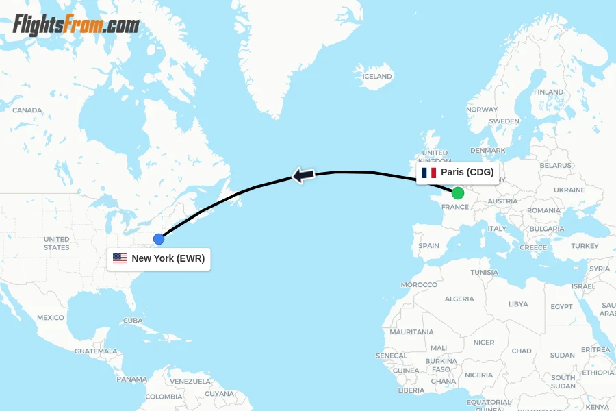 Flights from Paris to New York route map