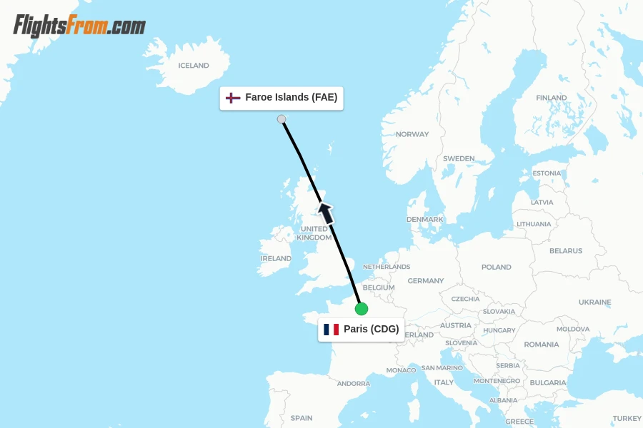 Flights from Paris to Faroe Islands route map