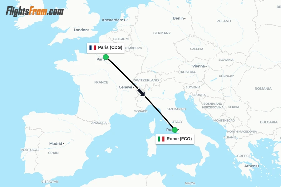 Flights from Paris to Rome route map