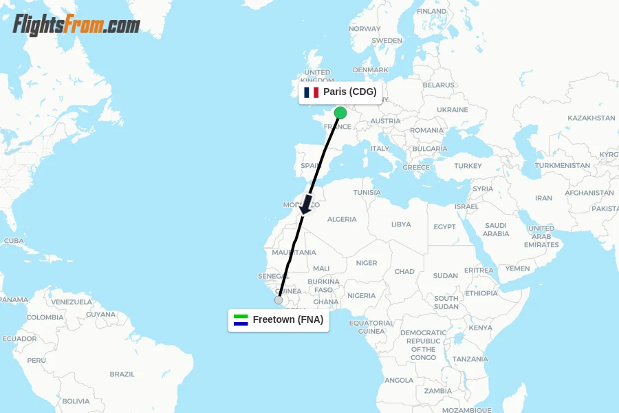 Flights from Paris to Freetown route map