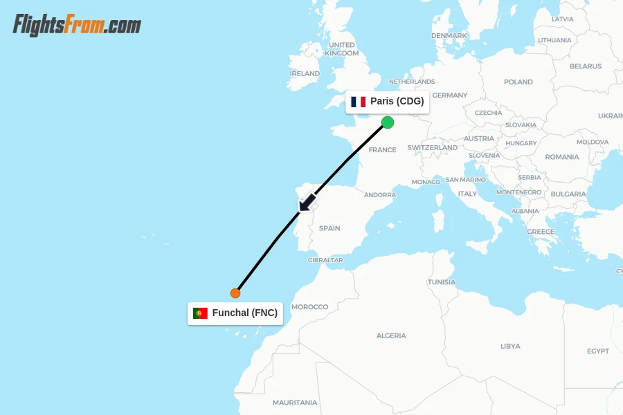 Flights from Paris to Funchal route map