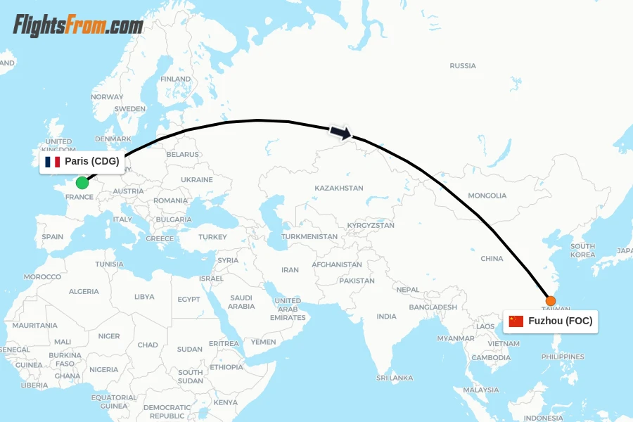 Flights from Paris to Fuzhou route map