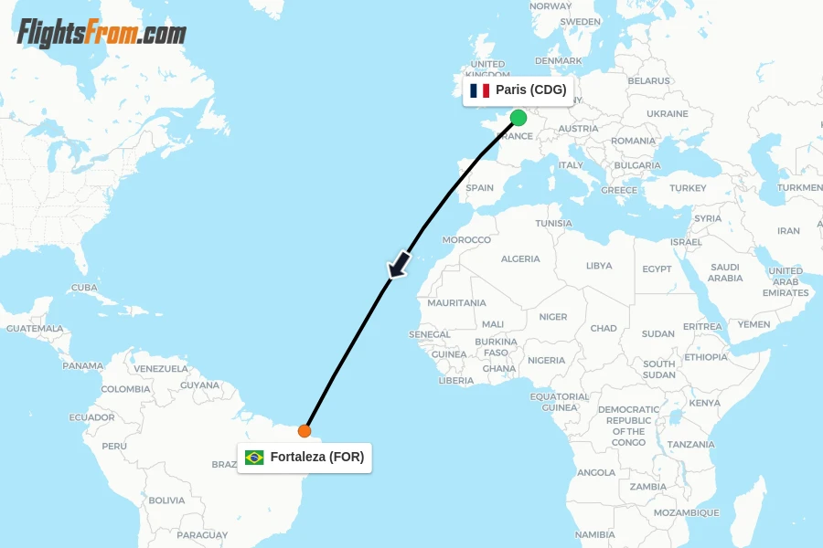 Flights from Paris to Fortaleza route map