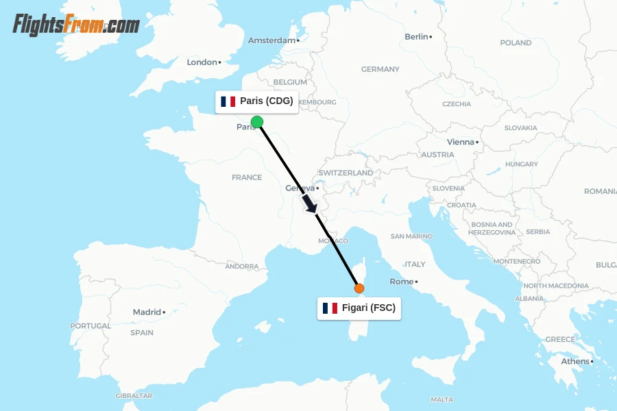 Flights from Paris to Figari route map