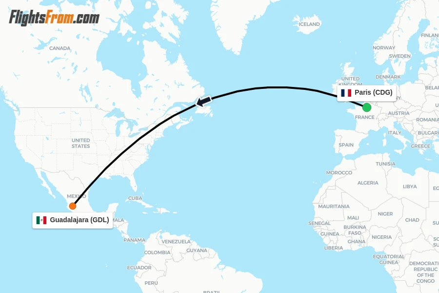 Flights from Paris to Guadalajara route map