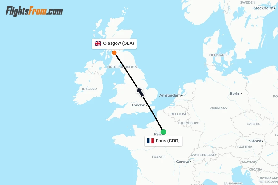 Flights from Paris to Glasgow route map