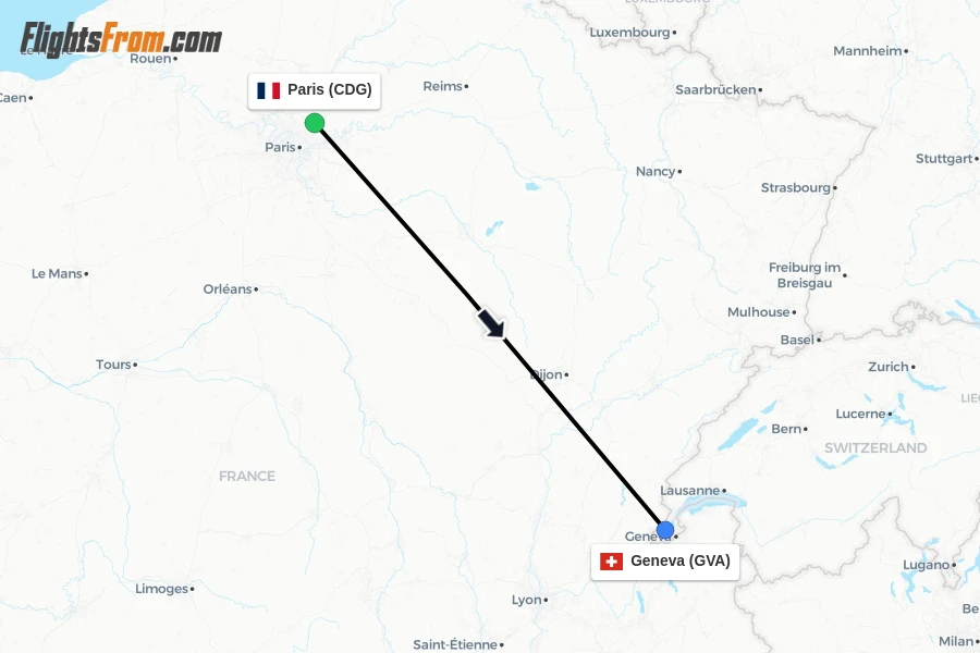 Flights from Paris to Geneva route map