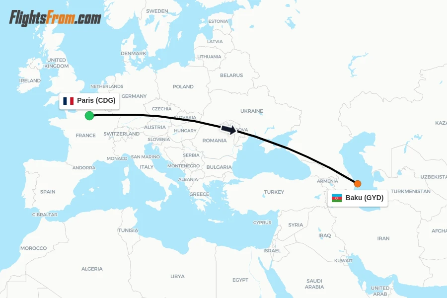 Flights from Paris to Baku route map