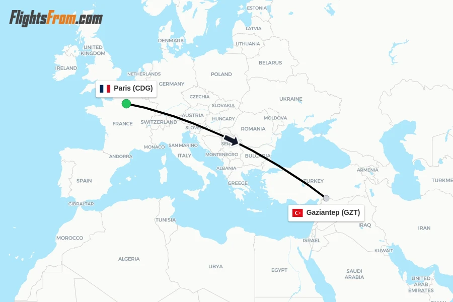 Flights from Paris to Gaziantep route map