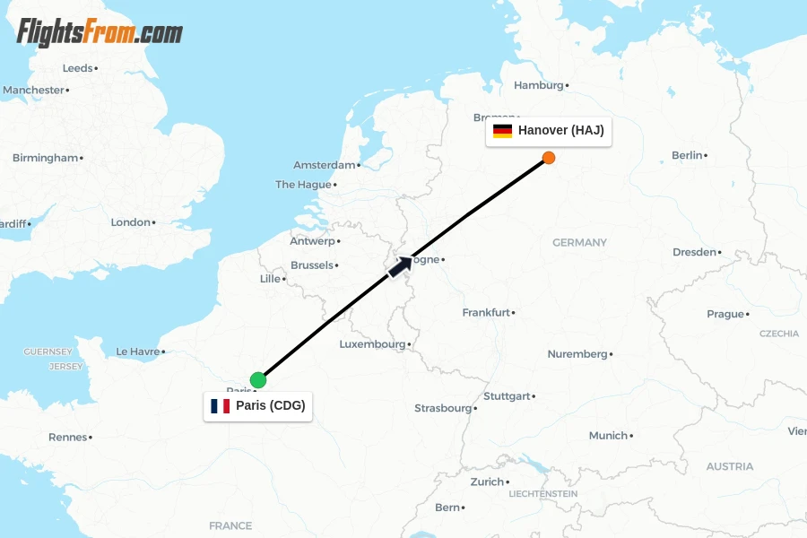 Flights from Paris to Hanover route map