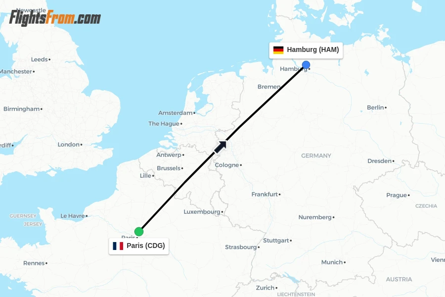 Flights from Paris to Hamburg route map