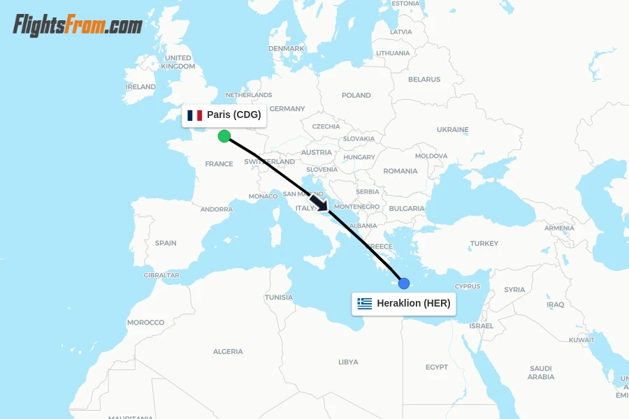 Flights from Paris to Heraklion route map