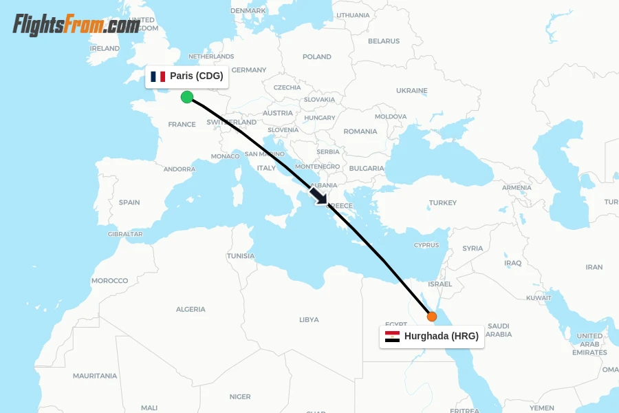Flights from Paris to Hurghada route map