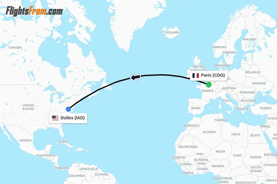 Flights from Paris to Dulles route map