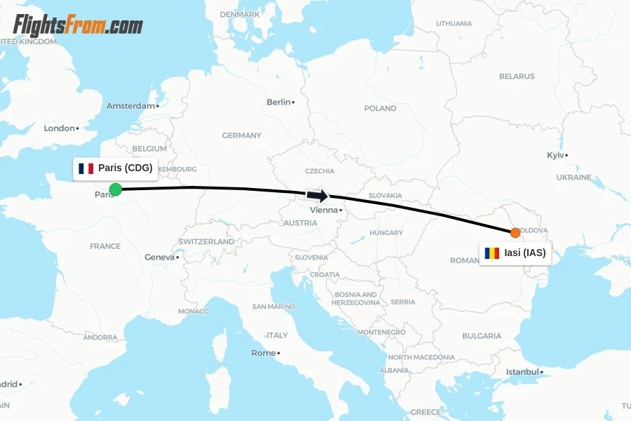 Flights from Paris to Iasi route map