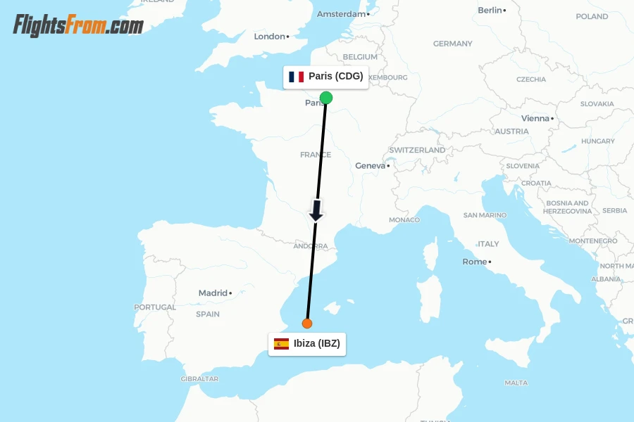 Flights from Paris to Ibiza route map