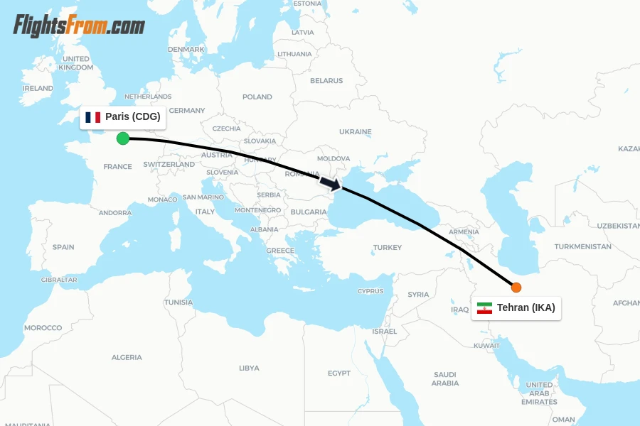 Flights from Paris to Tehran route map