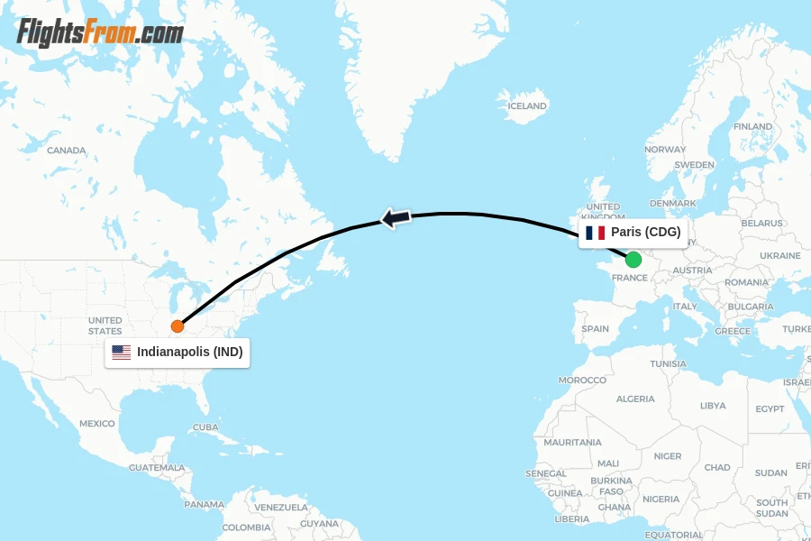 Flights from Paris to Indianapolis route map