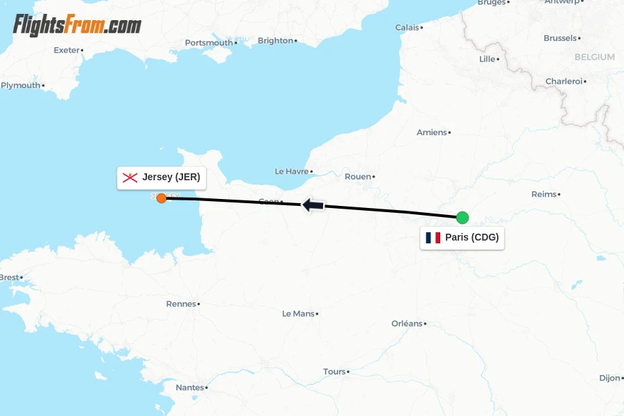 Flights from Paris to Jersey route map