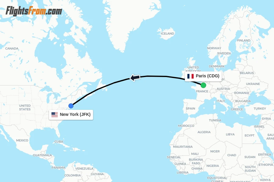 Flights from Paris to New York route map