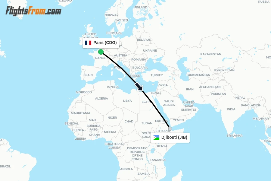 Flights from Paris to Djibouti route map