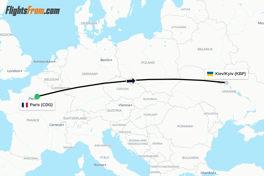 Flights from Paris to Kiev/Kyiv route map