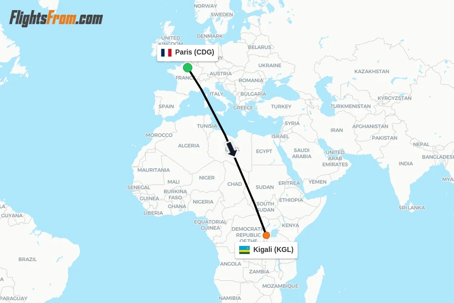 Flights from Paris to Kigali route map