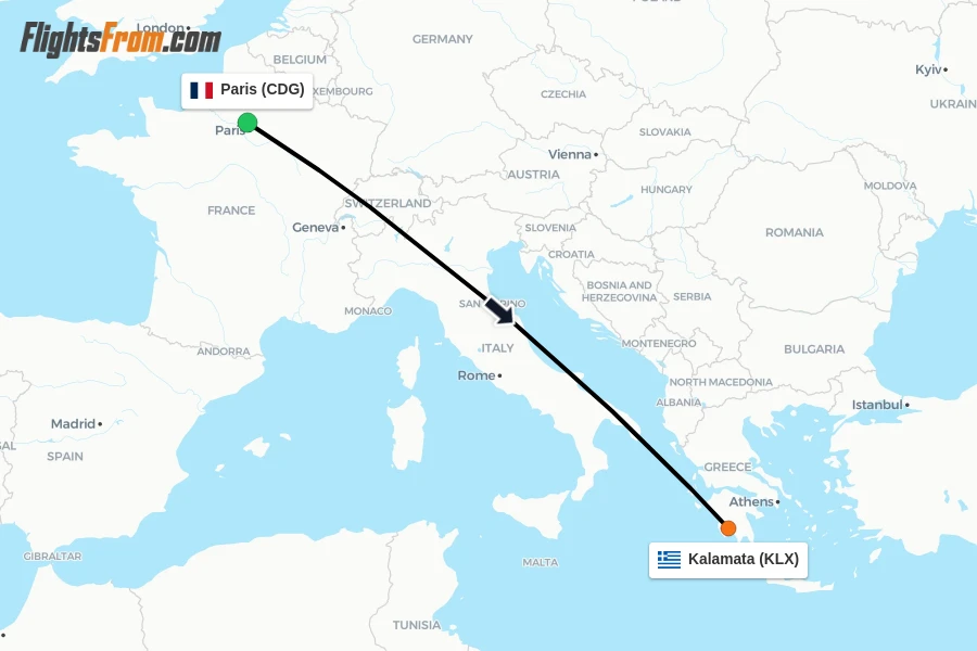 Flights from Paris to Kalamata route map