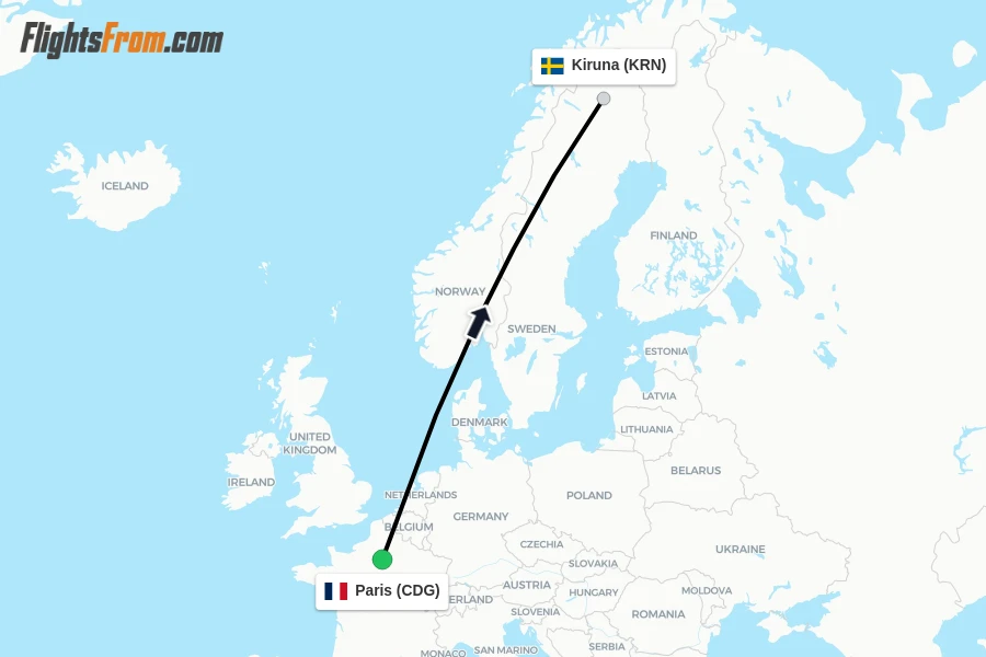 Flights from Paris to Kiruna route map