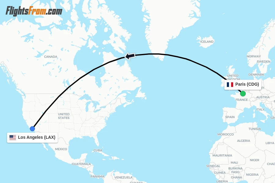 Flights from Paris to Los Angeles route map
