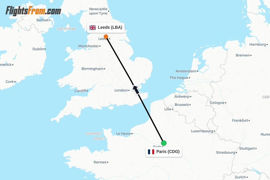 Flights from Paris to Leeds route map