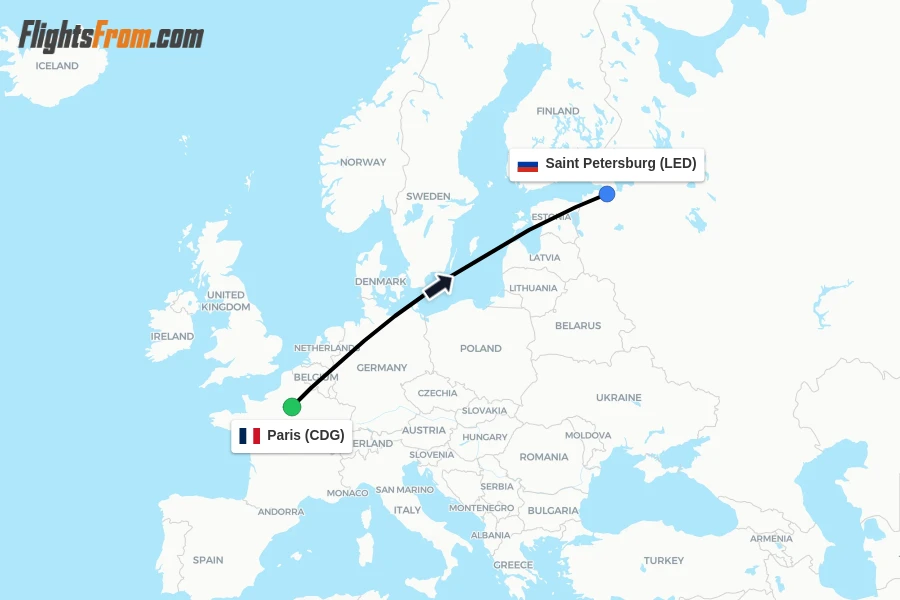 Flights from Paris to Saint Petersburg route map