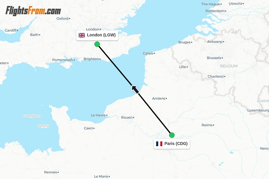 Flights from Paris to London route map