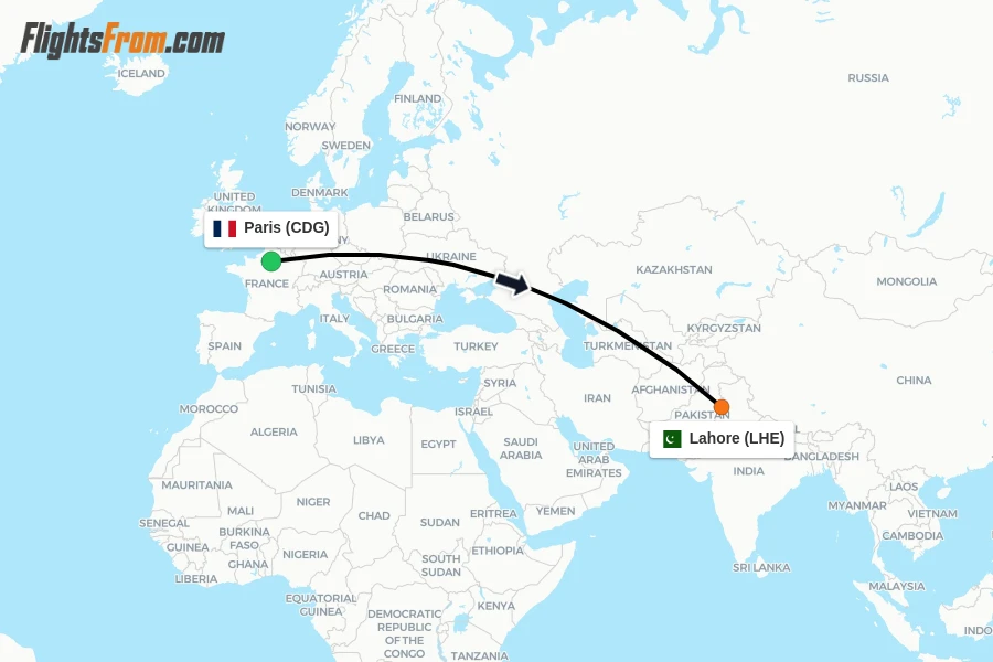 Flights from Paris to Lahore route map