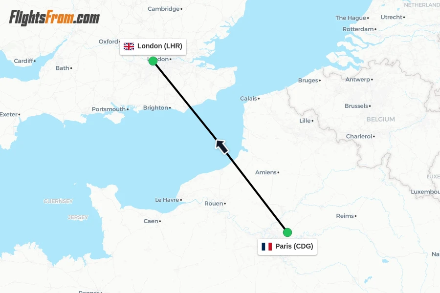 Flights from Paris to London route map
